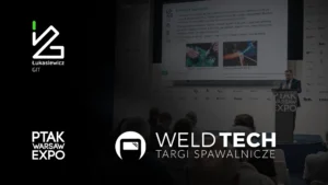 Grafika promująca relację z targów WELD TECH 2026 z logotypami organizatorów i zdjęciem seminarium Łukasiewicz – GIT.