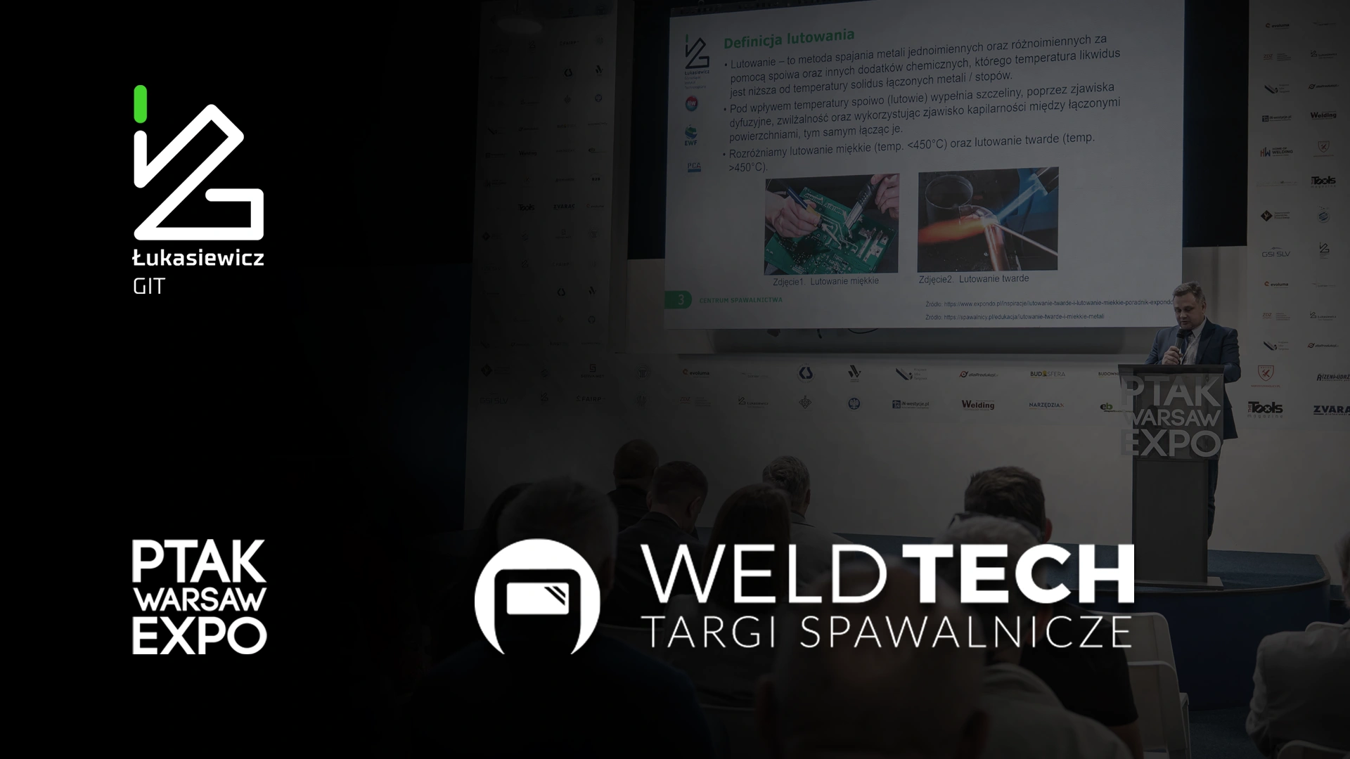 Grafika promująca relację z targów WELD TECH 2026 z logotypami organizatorów i zdjęciem seminarium Łukasiewicz – GIT.